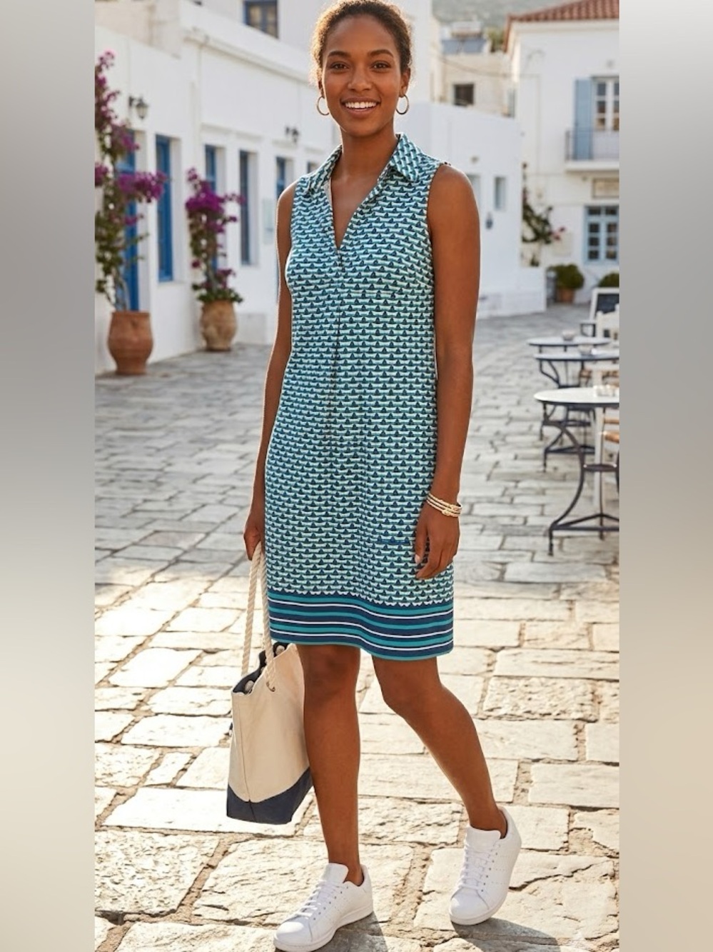 Max Studio Blue & Teal Geometric Sleeveless Shirt Dress - Size Small
